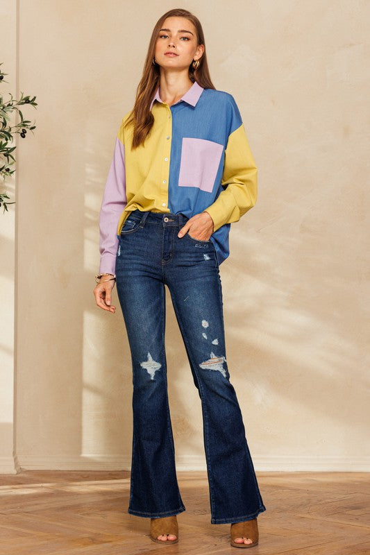 Plus Size Color Blocked Button Down