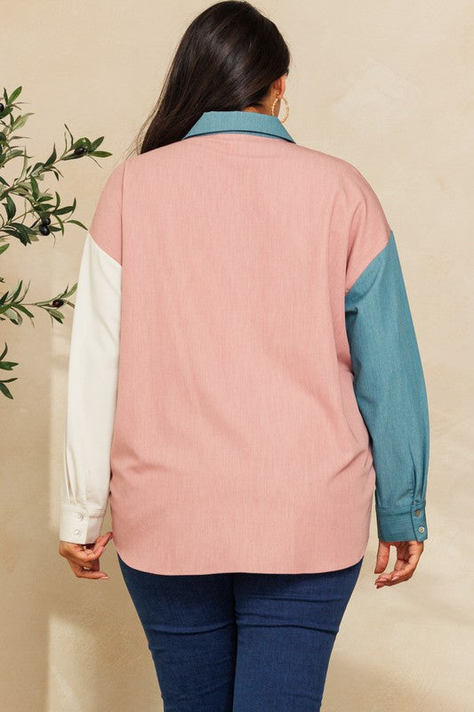 Plus Size Color Blocked Button Down