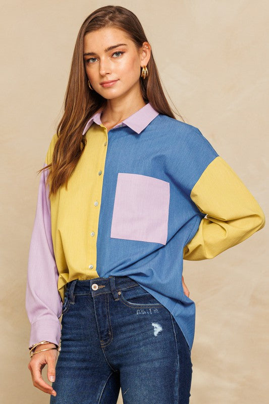Plus Size Color Blocked Button Down