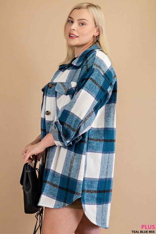 Plus Size plaid warm shacket in teal