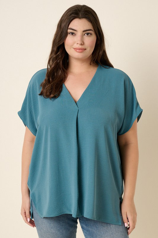Plus Size Mittoshop Airflow woven fabric vneck top in teal