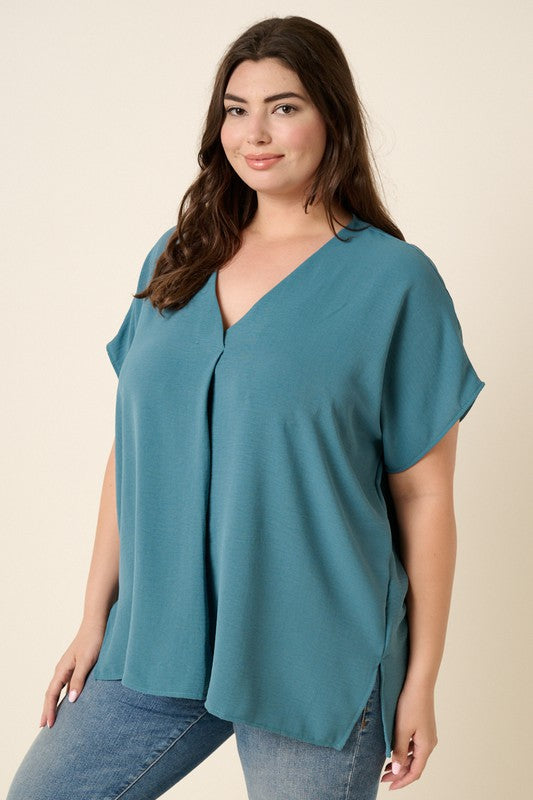 Plus Size Mittoshop Airflow woven fabric vneck top in teal
