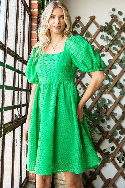 Women plaid organza kelly green dress