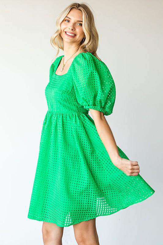 Women plaid organza kelly green dress