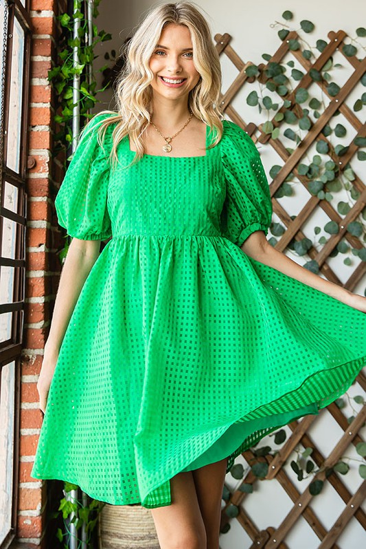 Women plaid organza kelly green dress