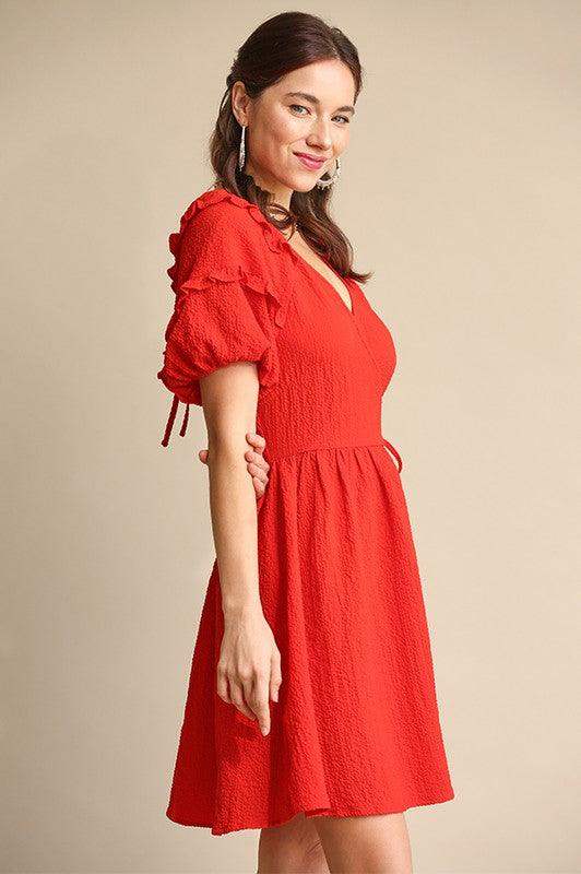 Womens Crepe Wrap Front and Back Smocked Dress in Tomato Red