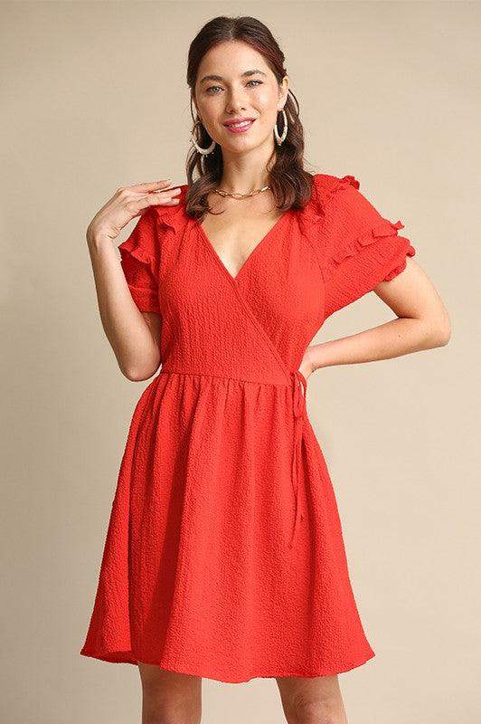 Womens Crepe Wrap Front and Back Smocked Dress in Tomato Red
