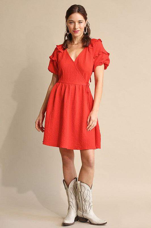 Womens Crepe Wrap Front and Back Smocked Dress in Tomato Red