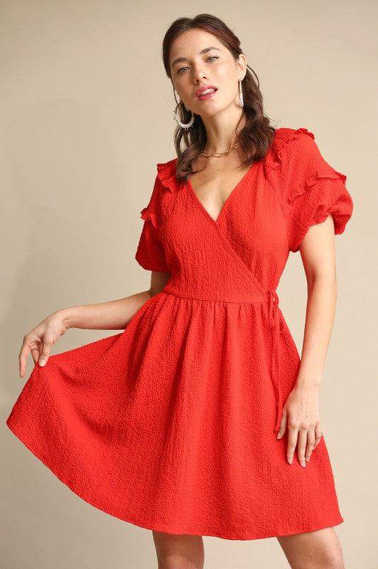 Womens Crepe Wrap Front and Back Smocked Dress in Tomato Red
