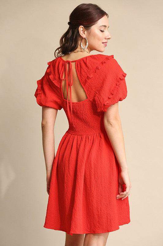 Womens Crepe Wrap Front and Back Smocked Dress in Tomato Red