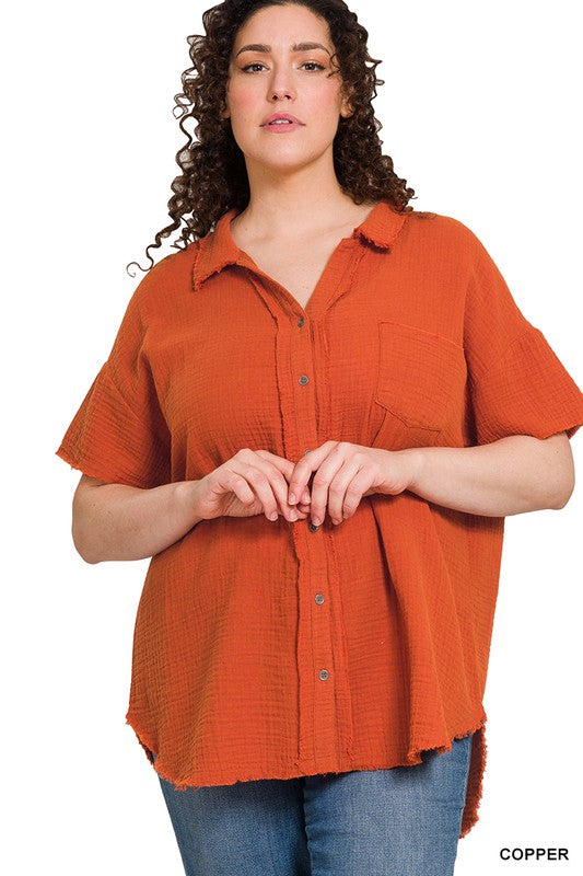 PLUS SIZE GAUZE BUTTON DOWN RAW EDGE SHORT SLEEVE SHIRT in copper