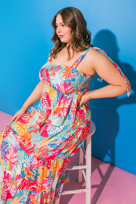 Flying Tomato Plus Size Tie Shoulder smocked bright tropical maxi dress