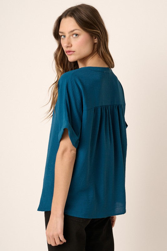 Plus Size airflow placket dolman sleeve woven top in Teal