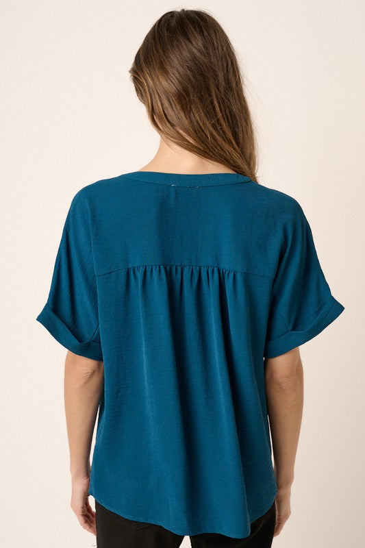 Plus Size airflow placket dolman sleeve woven top in Teal