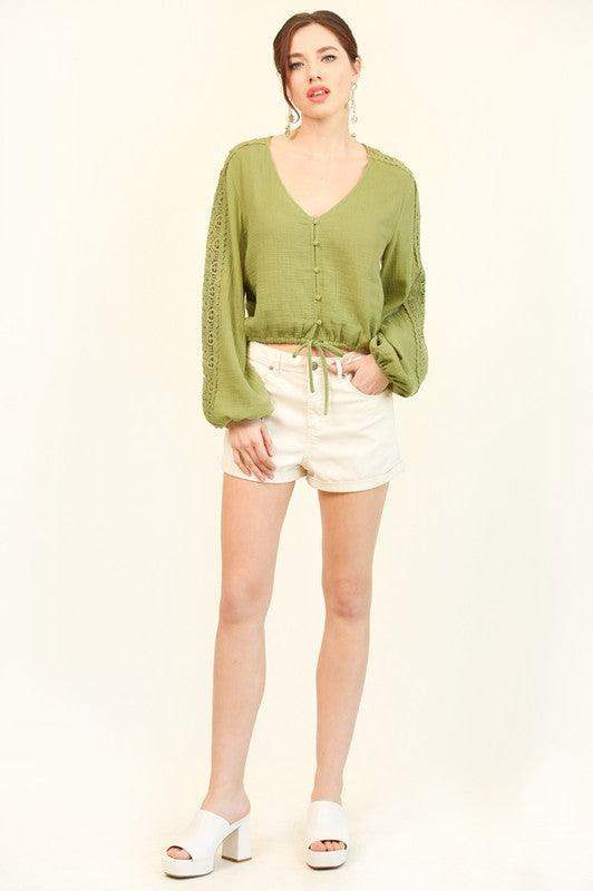 Womens Solid Textured Lace Insert Sleeve Top