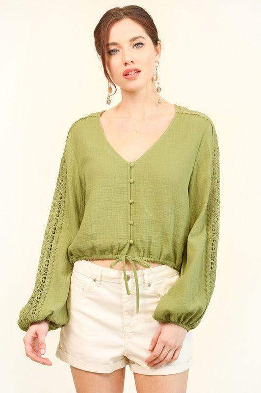 Womens Solid Textured Lace Insert Sleeve Top