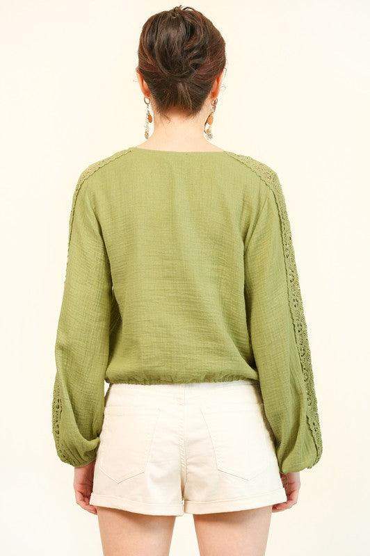 Womens Solid Textured Lace Insert Sleeve Top