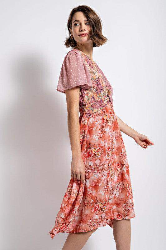 Womens Twist Front Elastic Waist Floral Midi Dress