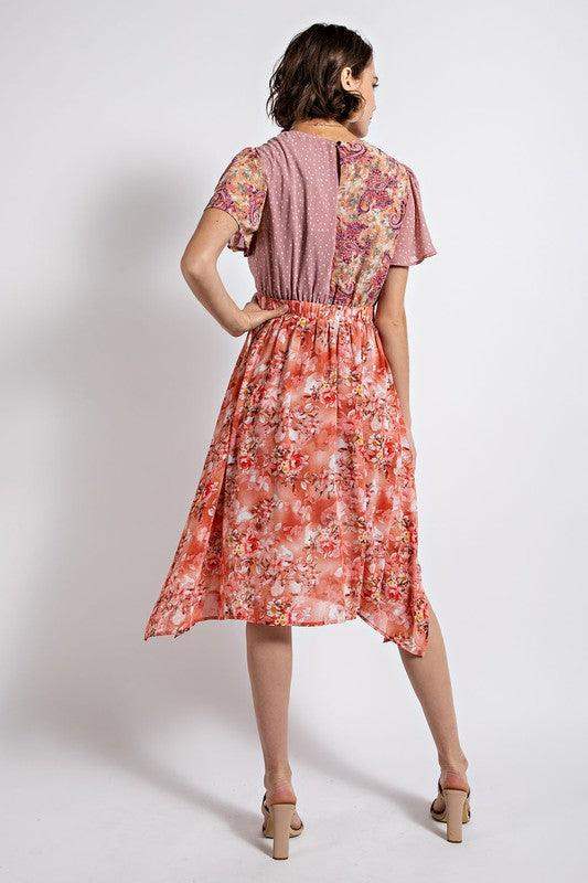 Womens Twist Front Elastic Waist Floral Midi Dress
