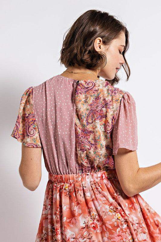 Womens Twist Front Elastic Waist Floral Midi Dress