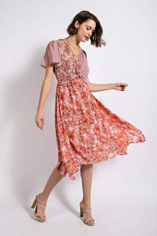 Womens Twist Front Elastic Waist Floral Midi Dress