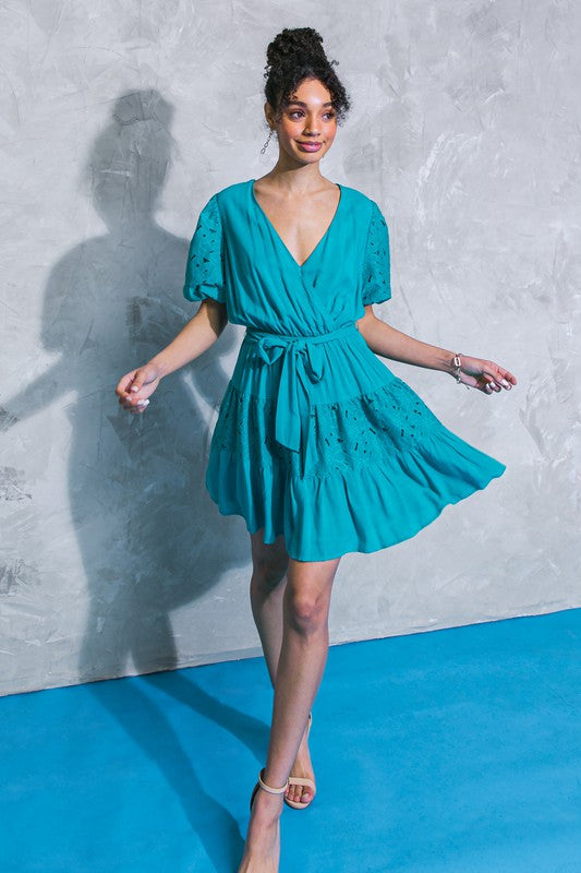 Flying Tomato Womens teal wrap dress with eyelet lace puff sleeves