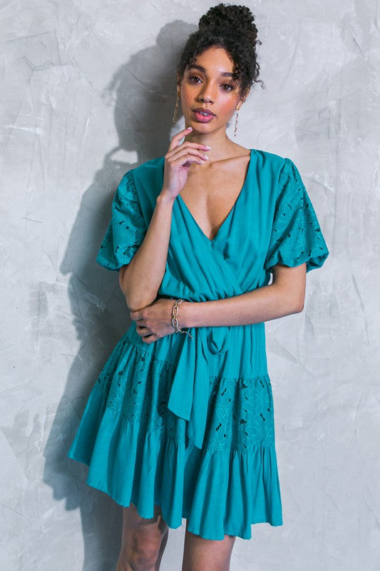 Flying Tomato Womens teal wrap dress with eyelet lace puff sleeves