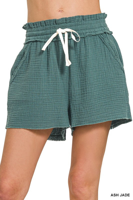 Women Double Gauze Elasticband Drawstring Waist Shorts