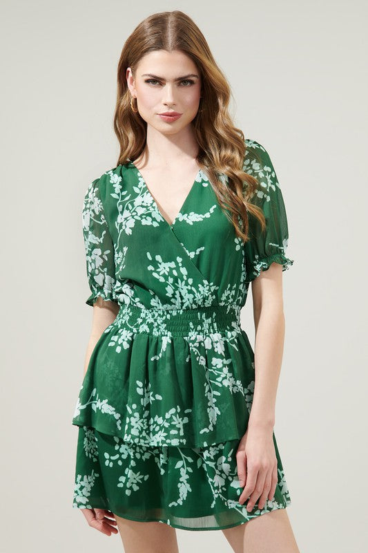 Womens Monterey Floral Amina Surplice Ruffle Mini Dress