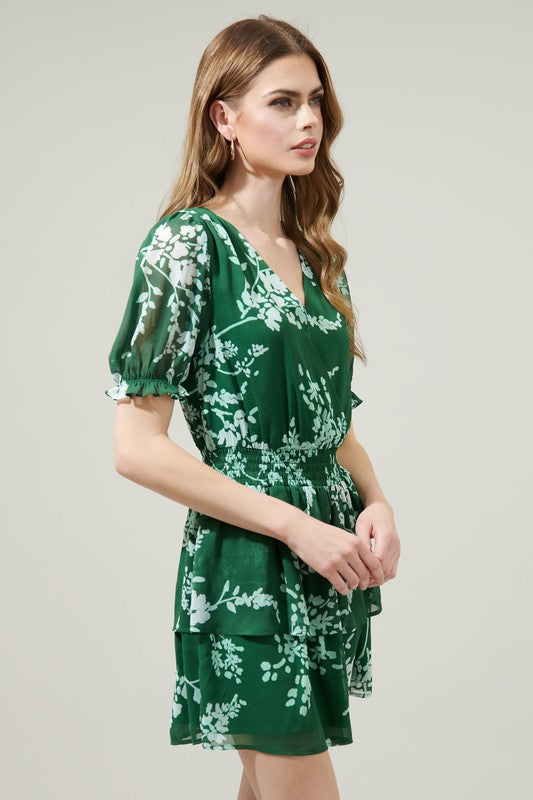 Womens Monterey Floral Amina Surplice Ruffle Mini Dress