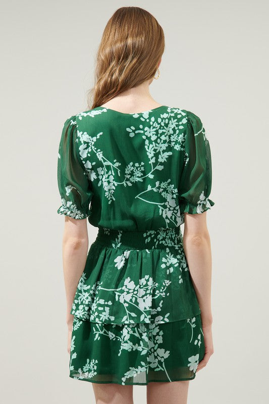 Womens Monterey Floral Amina Surplice Ruffle Mini Dress
