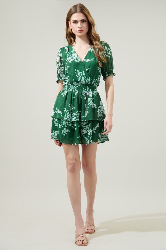 Womens Monterey Floral Amina Surplice Ruffle Mini Dress