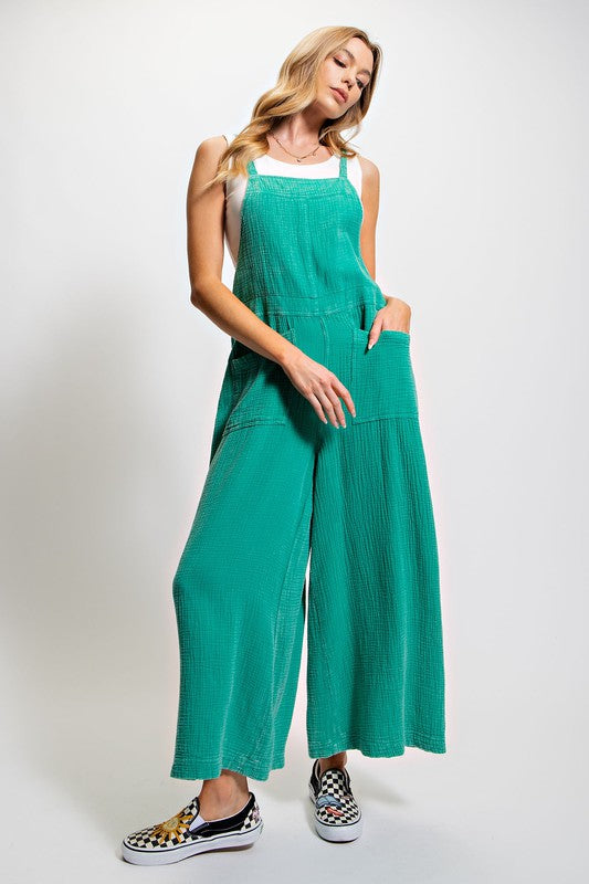 Easel Women's Washed cotton jumpsuit/ Overalls in atlantis green by Easel