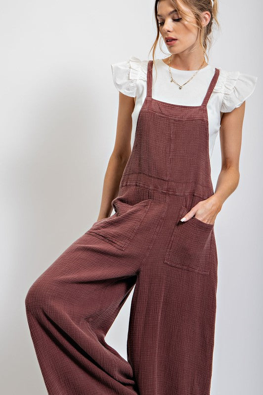 Easel Women's Washed cotton jumpsuit/ Overalls in faded plum by Easel