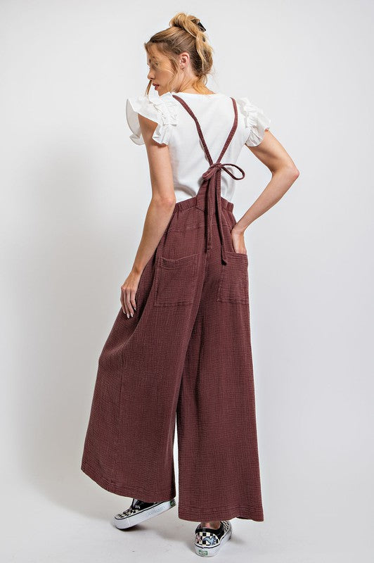 Easel Women's Washed cotton jumpsuit/ Overalls in faded plum by Easel
