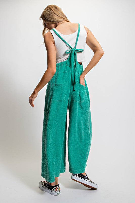 Easel Women's Washed cotton jumpsuit/ Overalls in atlantis green by Easel