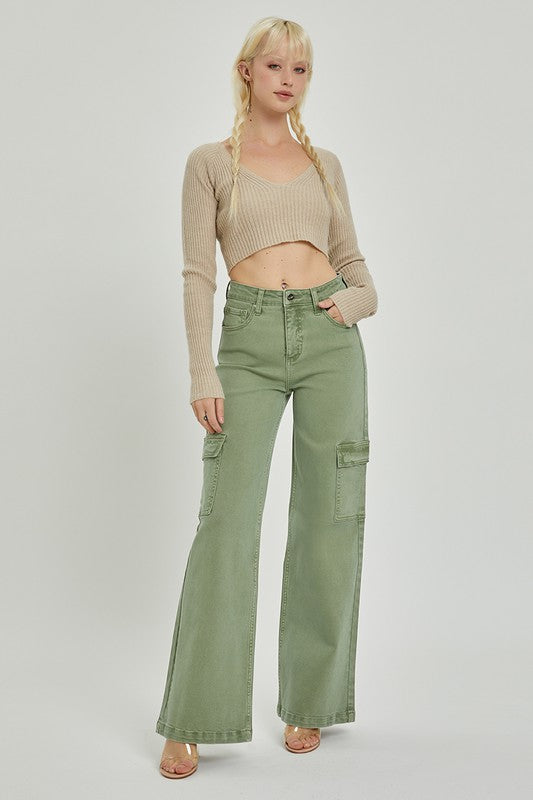 Plus size Risen Jeans high rise cargo pants wide legs