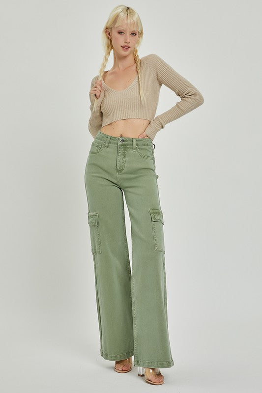 Plus size Risen Jeans high rise cargo pants wide legs