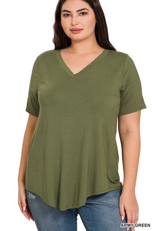 PLUS SIZE LUXE RAYON SHORT SLEEVE V-NECK HI-LOW HEM TOP in Army Green