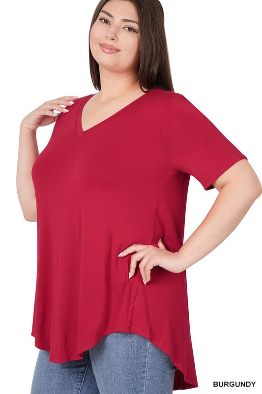 PLUS SIZE LUXE RAYON SHORT SLEEVE V-NECK HI-LOW HEM TOP in Burgundy