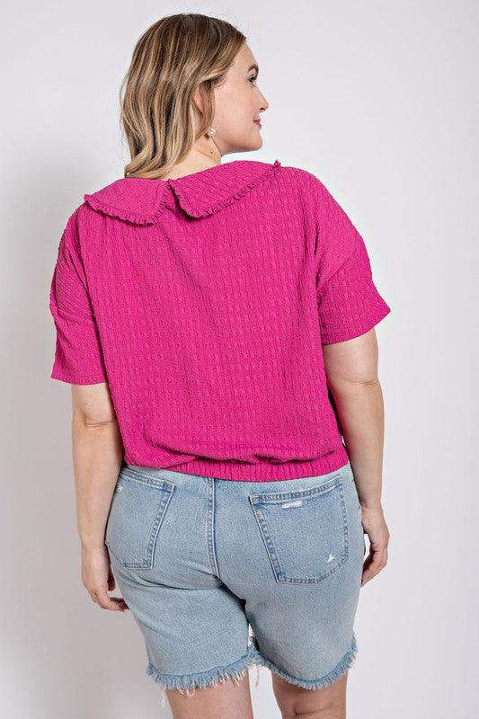 PLUS SIZE Peter Pan Collar Textured Knit Button Down Top in Berry