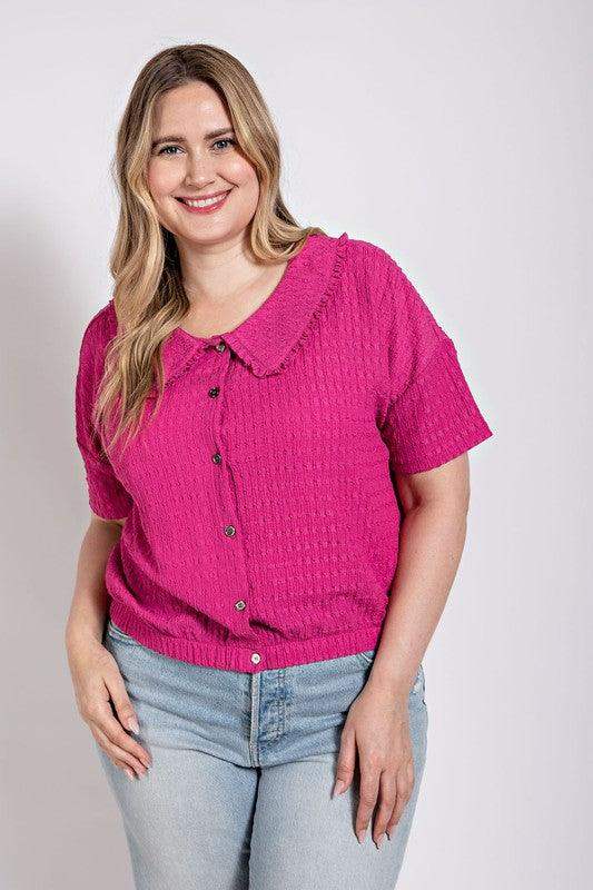 PLUS SIZE Peter Pan Collar Textured Knit Button Down Top in Berry