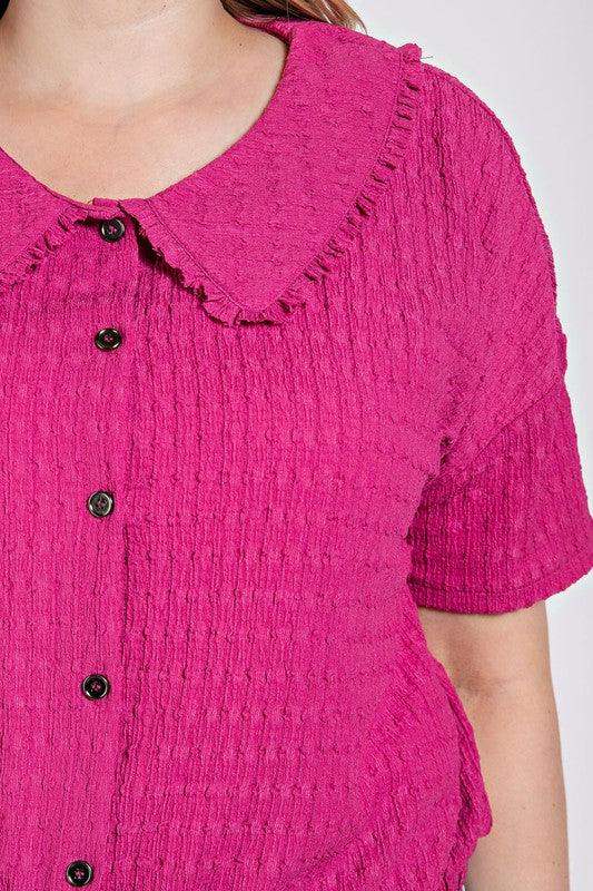 PLUS SIZE Peter Pan Collar Textured Knit Button Down Top in Berry