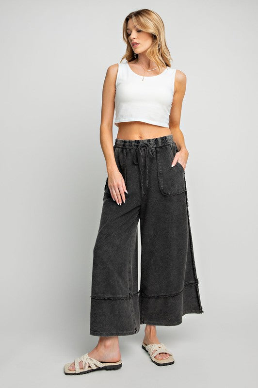 Women's MINERAL WASHED SOFT TWILL WIDE LEG PANTS in Black by Easel