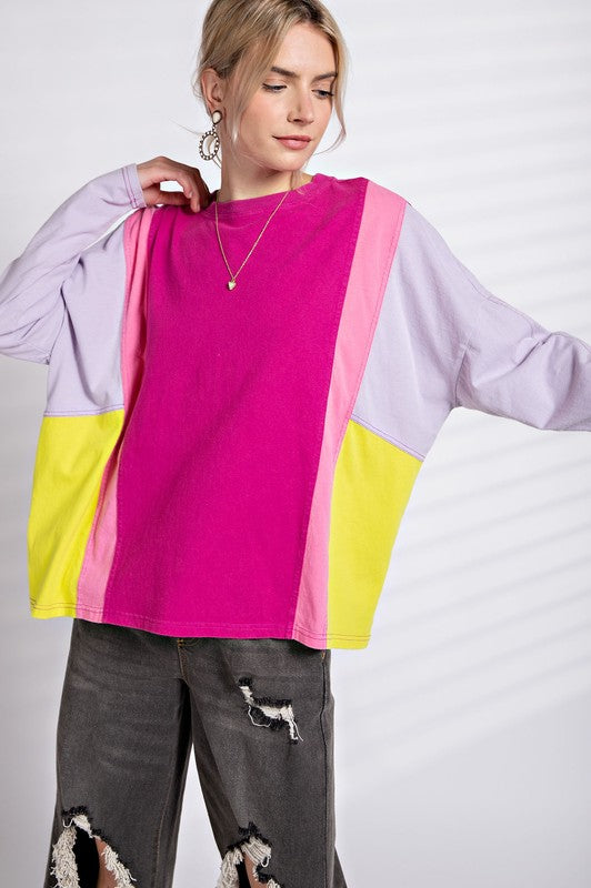 Women's Easel Color Block Long Sleeve in Magenta