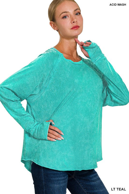 WOMEN'S WASHED THUMB HOLE CUFFS SCOOP-NECK LONG SLEEVE TOP in LT TEAL