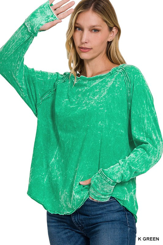 WOMEN'S WASHED THUMB HOLE CUFFS SCOOP-NECK LONG SLEEVE TOP in K GREEN