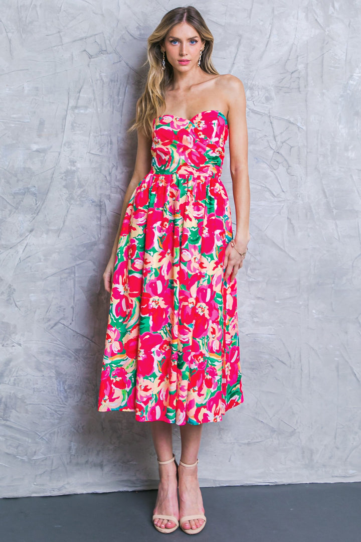 Flying Tomato Printed Woven Midi Dress Ruched Strapless