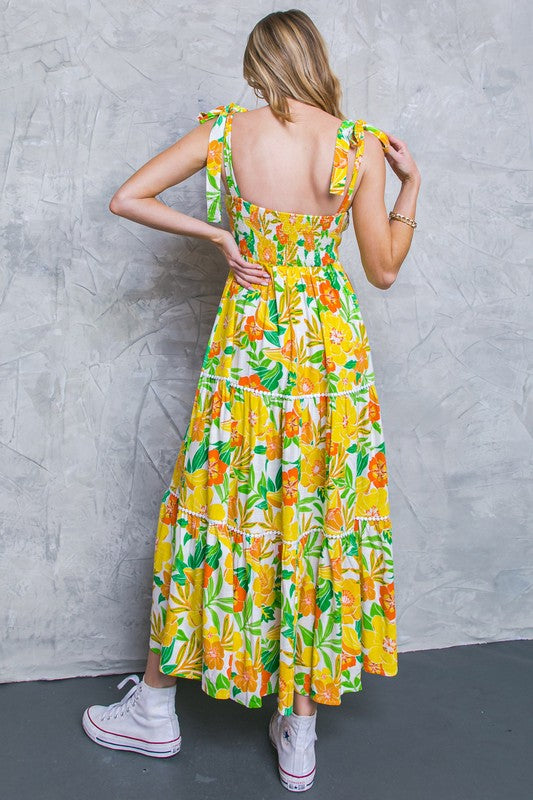 Flying Tomato Womens Yellow and Green Floral Maxi Dress