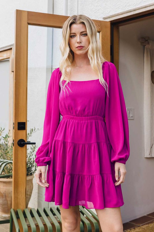 Womens Oddi Puff Long Sleeve Tiered Dress